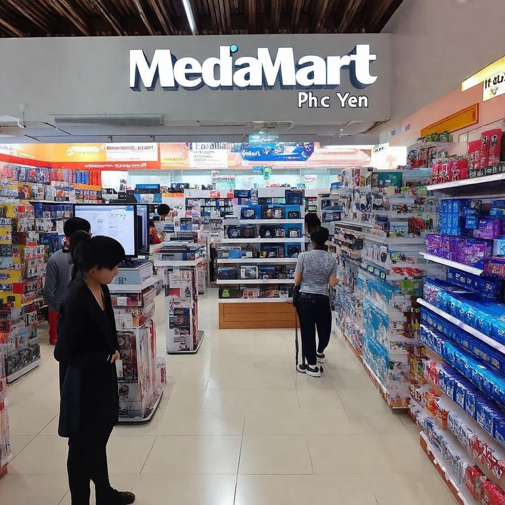 ben trong sieu thi MediaMart Phuc Yen bay ban san pham dien may da dang
